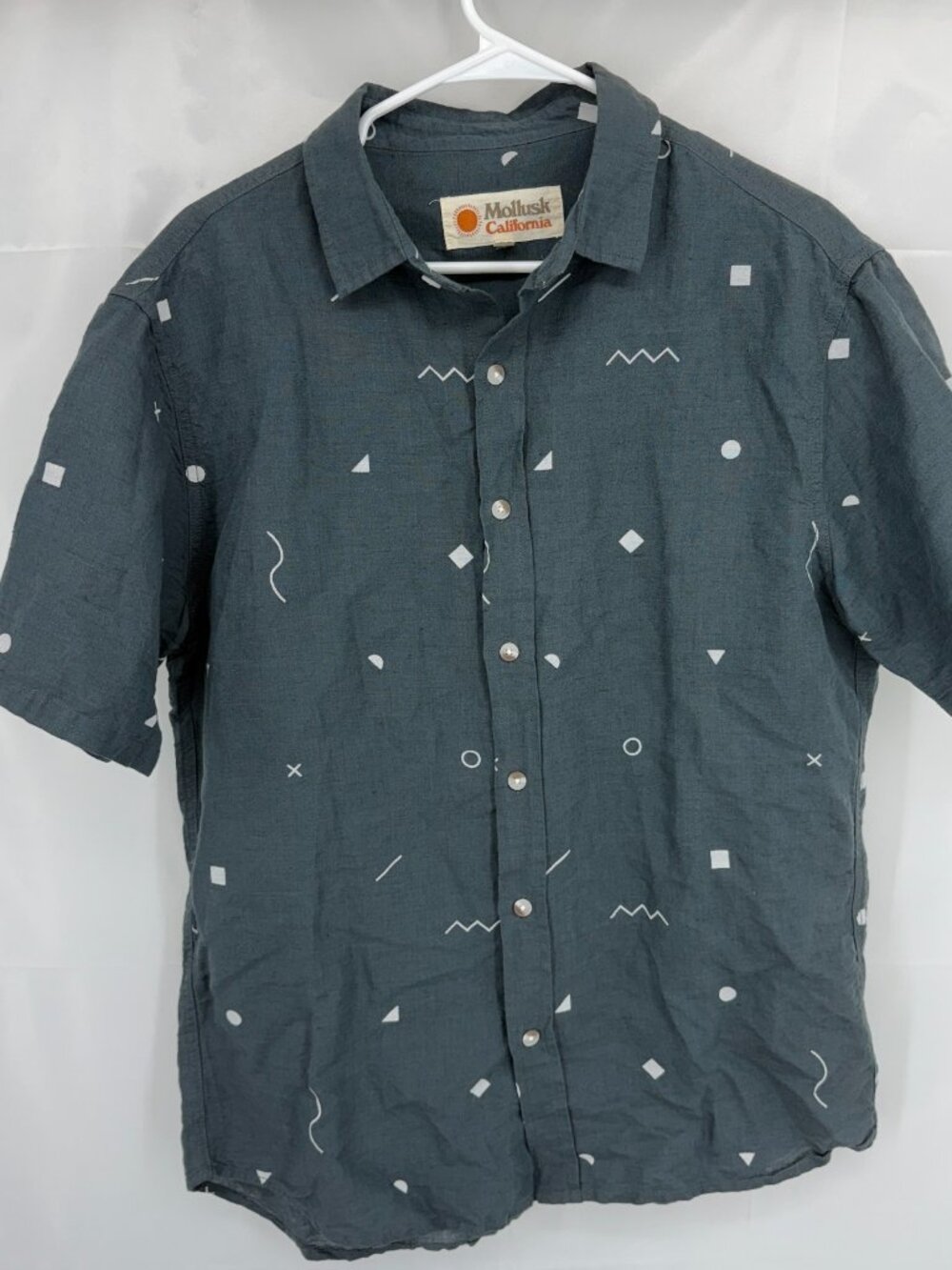 Mollusk California Men XL Linen Button Down Shirt Short Sleeve Gray Retro Print